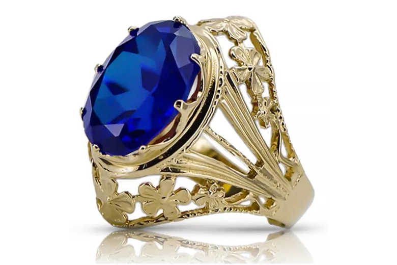 Sapphire 8 كارت من الذهب الأصفر خاتم حرف يدوية فينتاج vrc031x-sp Art Deco أسلوب مجوهرات فينتاج روسي سوفيتي من اتحاد الجمهوريات ا